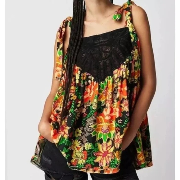 Free People Bali Moroccan Floral Printed Tunic Top Obsidian Combo Oversized S - Picture 1 of 11